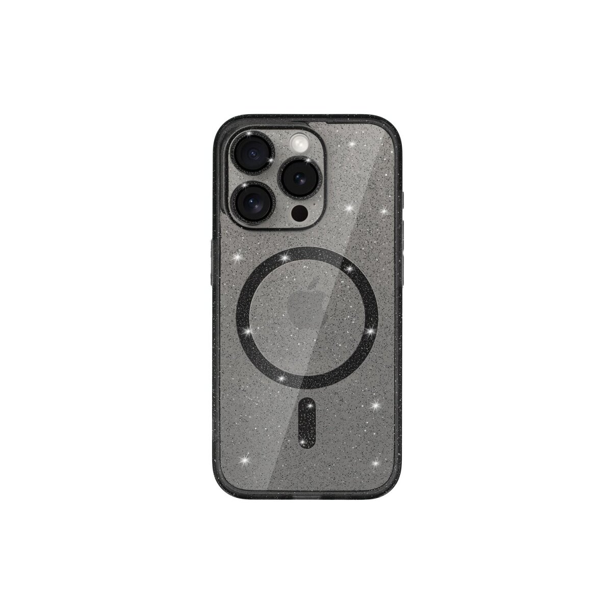 Una custodia trasparente con un design scintillante e un telefono con tre fotocamere.