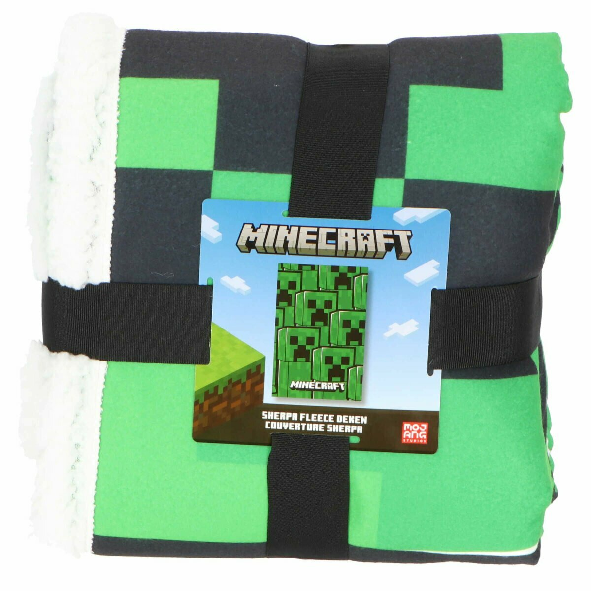 Gefaltete Minecraft Creeper-Decke, schwarze Riemen, mit einem Minecraft-Etikett. Weißer Sherpa-Stoff am Rand.