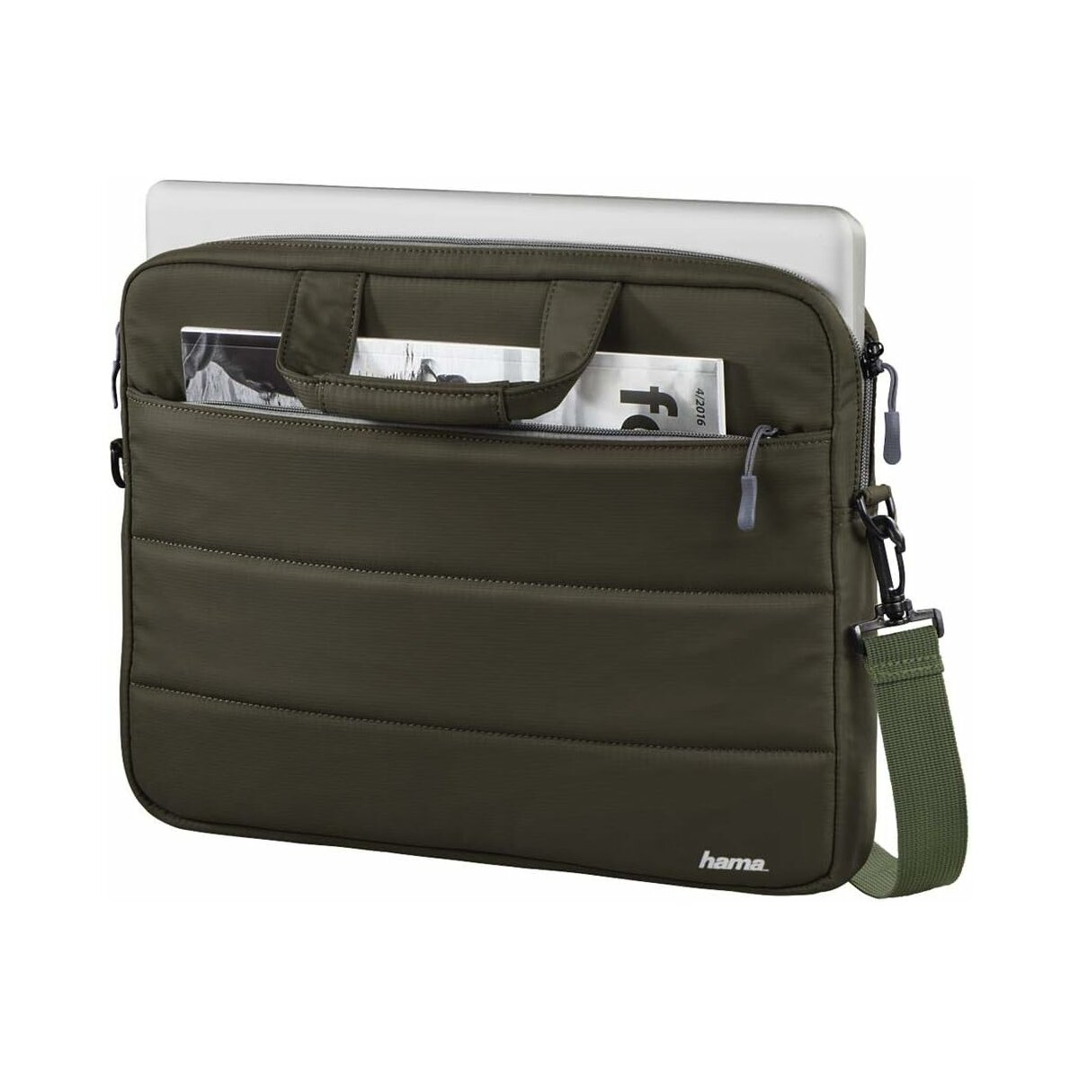 Eine olivgrüne Laptoptasche mit Griff, Schultergurt und einer Zeitschrift in einer Tasche.