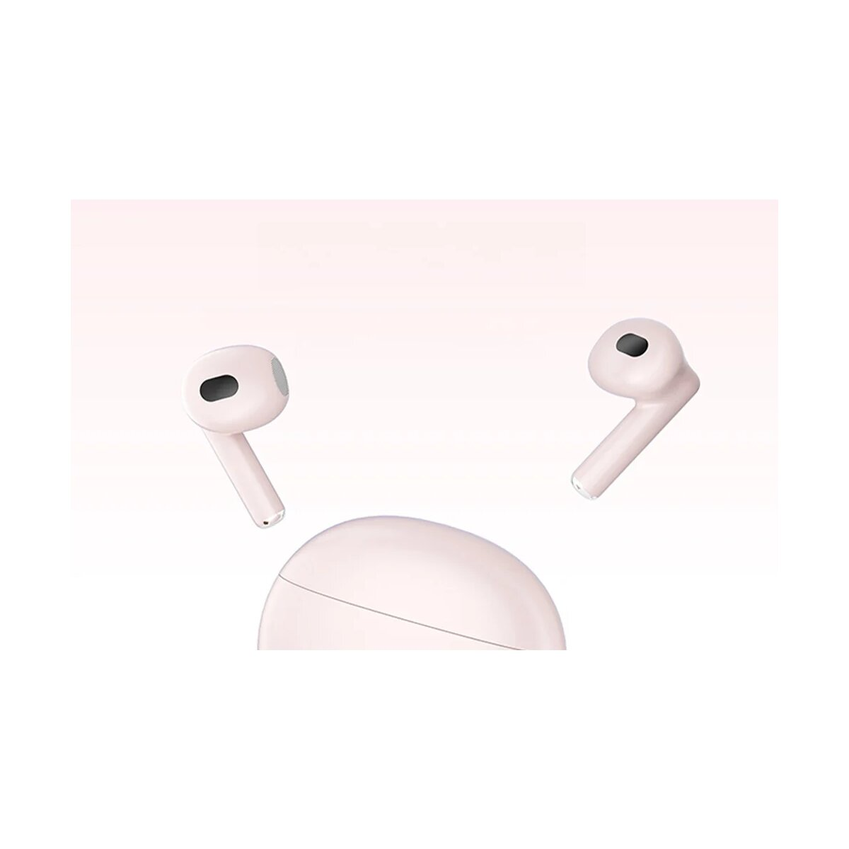 Due auricolari wireless rosa chiaro e una custodia di ricarica su sfondo bianco. La custodia è in basso.