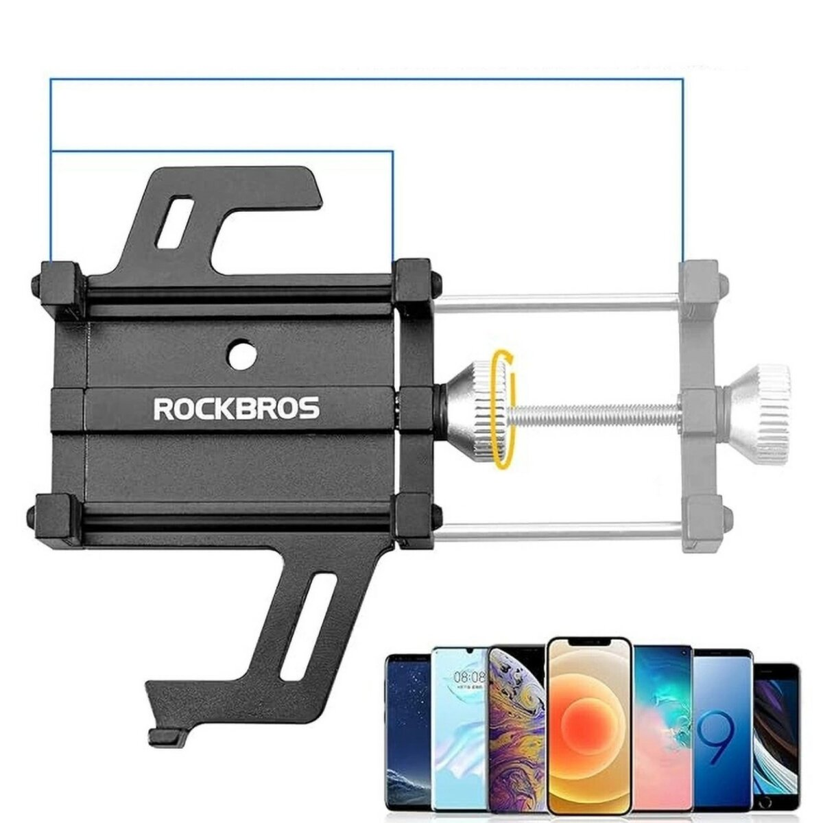 Schwarze Fahrrad-Telefonhalterung mit RockBros-Logo und mehreren Telefonmodellen unten.