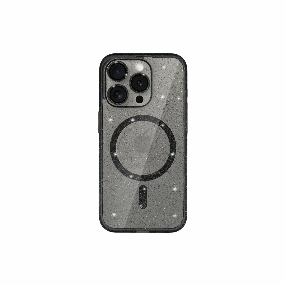Una custodia per telefono con un design scintillante e un anello per un caricatore.