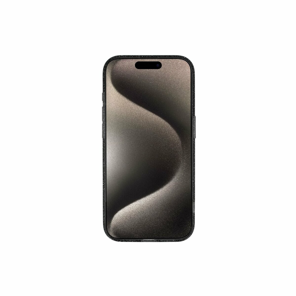 Un telefono nero con un motivo ondulato sul retro. Il telefono è su uno sfondo bianco.