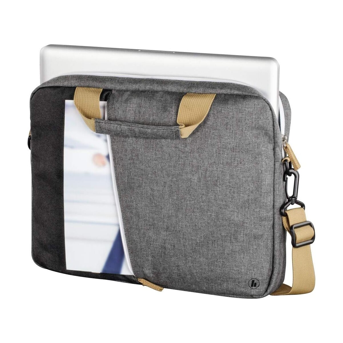 Graue Laptoptasche mit beigen Griffen und einer Tasche, mit einem Laptop darin.