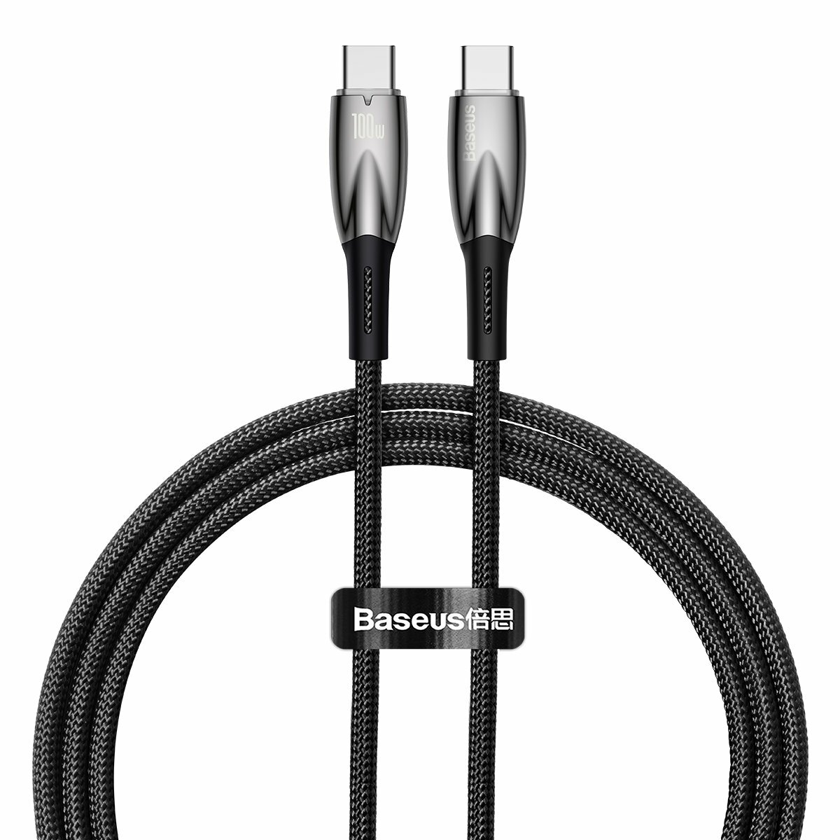 Ein schwarzes und silbernes USB-C-Kabel mit der Marke Baseus wird gezeigt.