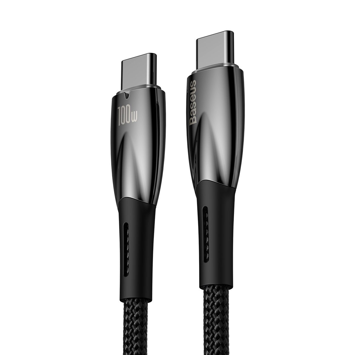 Zwei metallische USB-C-Kabel. Eines hat 100W aufgedruckt. Beide haben schwarze geflochtene Kabel.