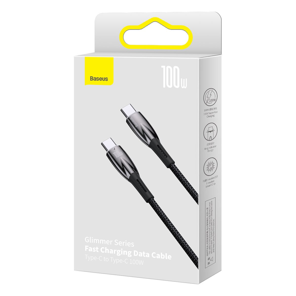 Eine weiße Box mit einem schwarzen USB-C-Kabel, mit einem 100W-Etikett und Produktdetails.