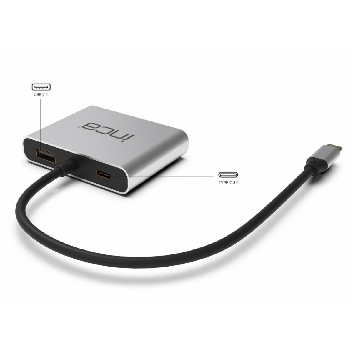 Silberner, rechteckiger USB-Hub mit schwarzem Kabel. Es hat ein schwarz-silbernes Logo.