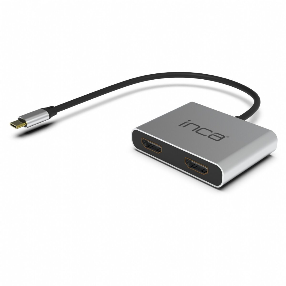 Silberner Inca HDMI-Adapter mit schwarzem Kabel. Isoliert auf weißem Hintergrund.
