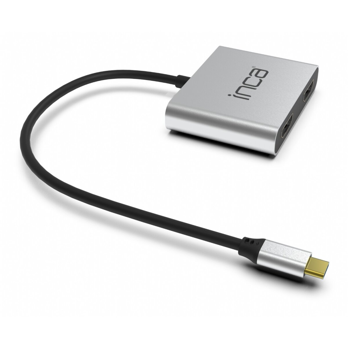 Silberner USB-C-Hub mit schwarzem Kabel. Hat das Wort Inca darauf und zwei HDMI-Anschlüsse.