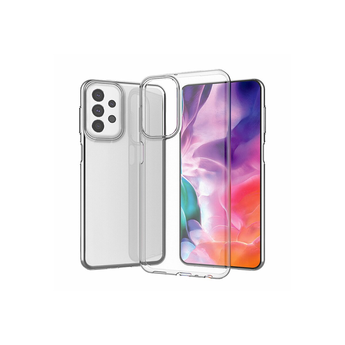 Custodia trasparente per telefono con telefono all'interno. Il telefono mostra uno schermo colorato.