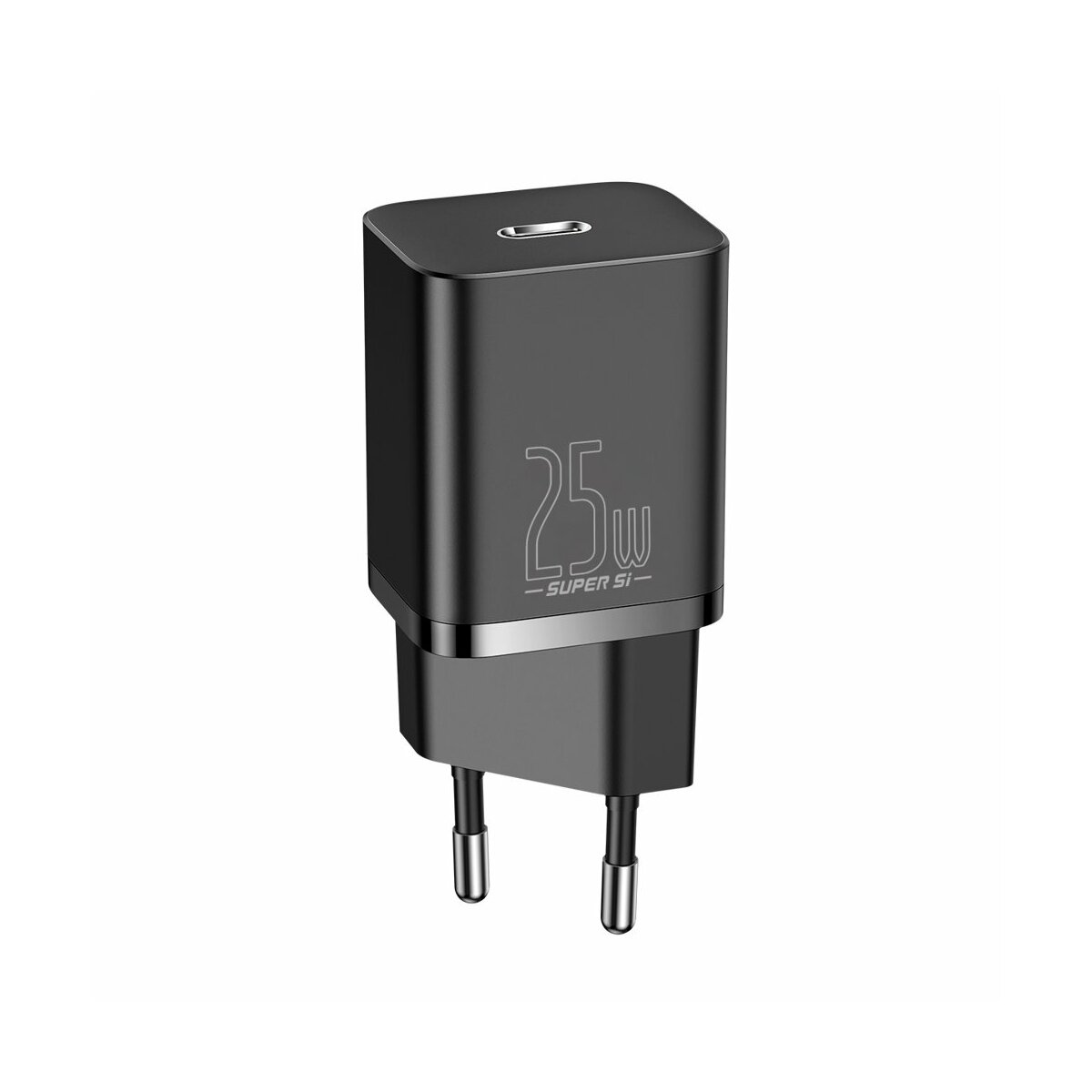 Schwarzes Ladegerät mit USB-C-Anschluss und Stiften. Das Ladegerät ist mit 25W beschriftet. Der Hintergrund ist weiß.