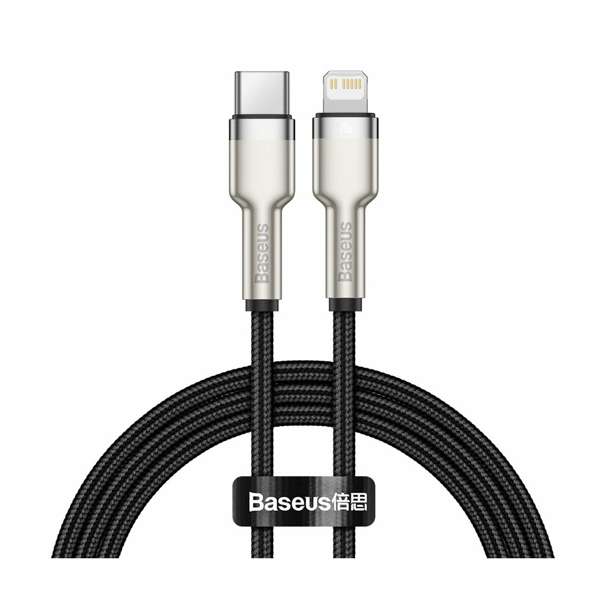 Schwarzes Ladekabel mit USB-C- und Lightning-Anschlüssen. Das Kabel hat den Markennamen Baseus.