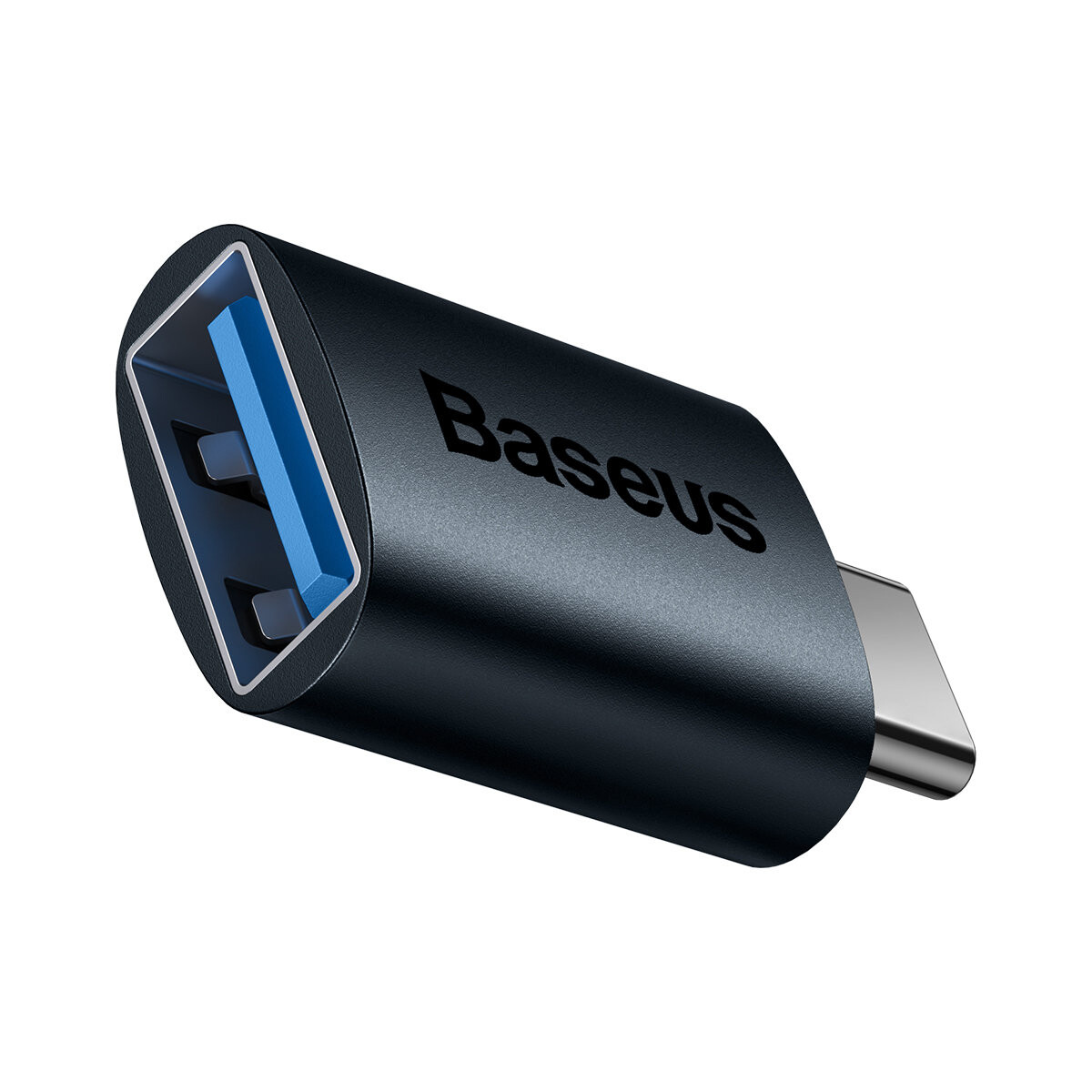 Ein schwarzer USB-C-zu-USB-Adapter. Der Adapter hat den Markennamen 'Baseus' auf der Seite.