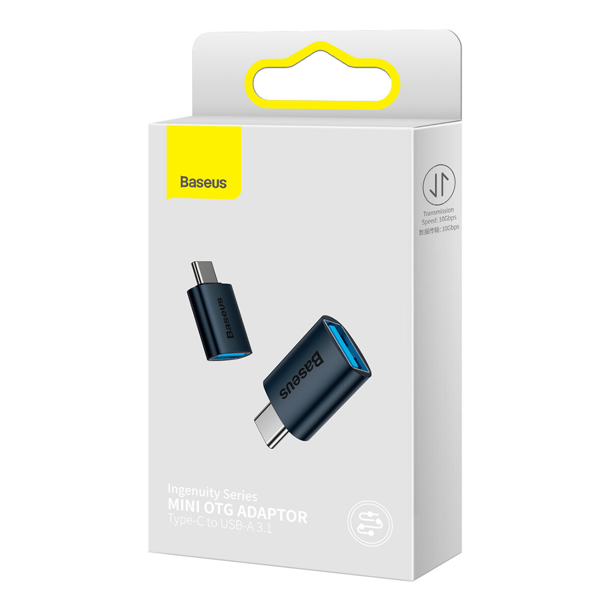 Eine weiße Schachtel mit einem Baseus-Adapter. Es ist ein schwarzer Typ-C-zu-USB-A 3.1-Adapter.
