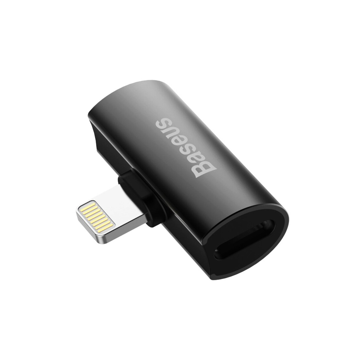 Schwarzer Adapter mit USB-C- und Lightning-Anschluss.