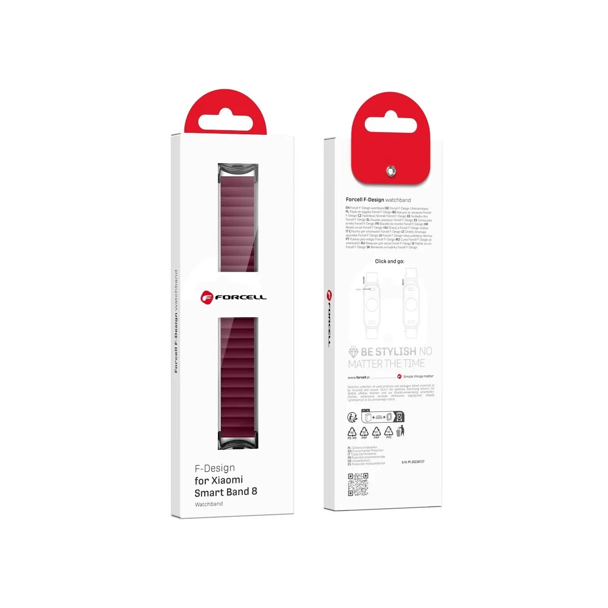 Verpackung für ein Uhrenarmband. Es ist rot und hat das Logo der Marke.