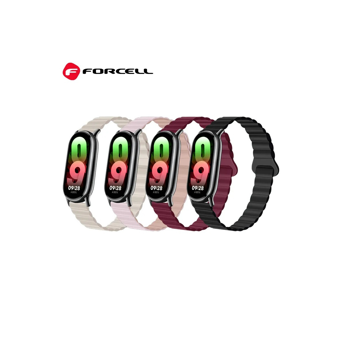 Vier Smartwatches mit verschiedenfarbigen Bändern sind auf weißem Hintergrund in einer Reihe angeordnet.