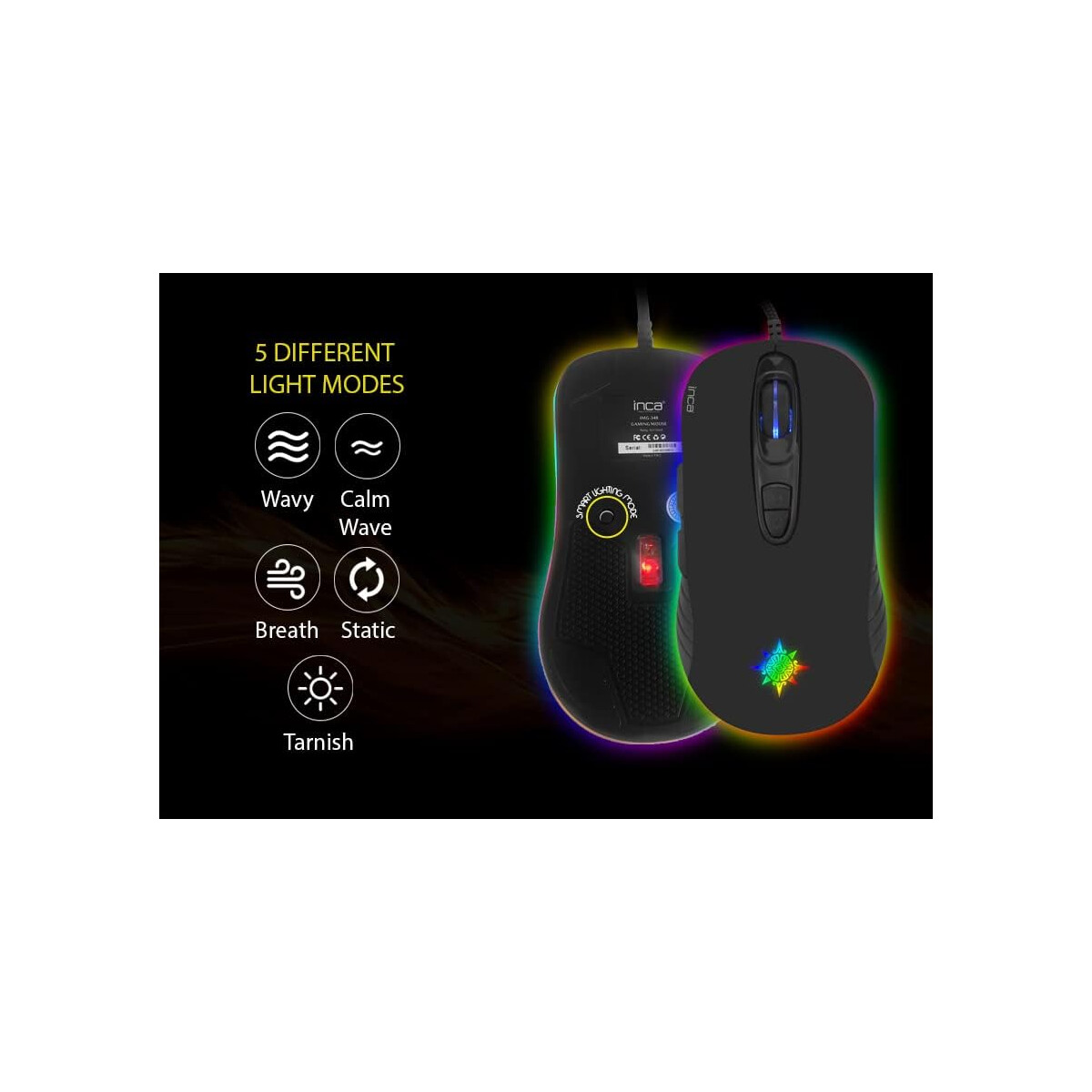 Zwei Computermäuse mit Lichtmodi. Einer zeigt den Boden mit buntem Licht.