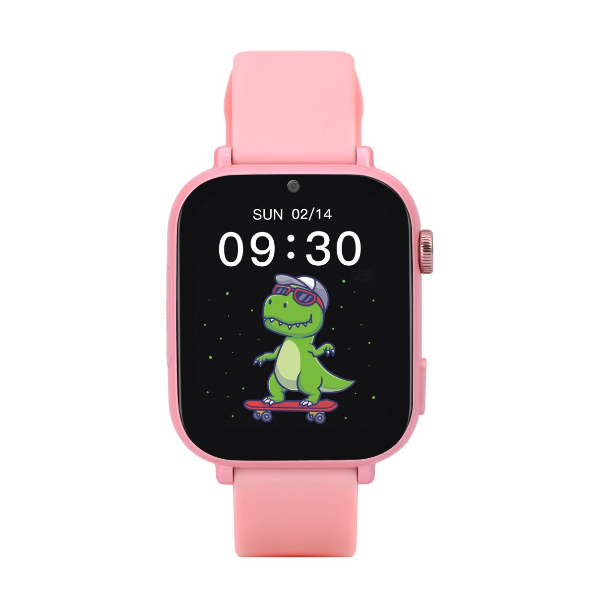Rosa Smartwatch mit einem Cartoon-Dinosaurier auf dem Bildschirm und angezeigter Uhrzeit.