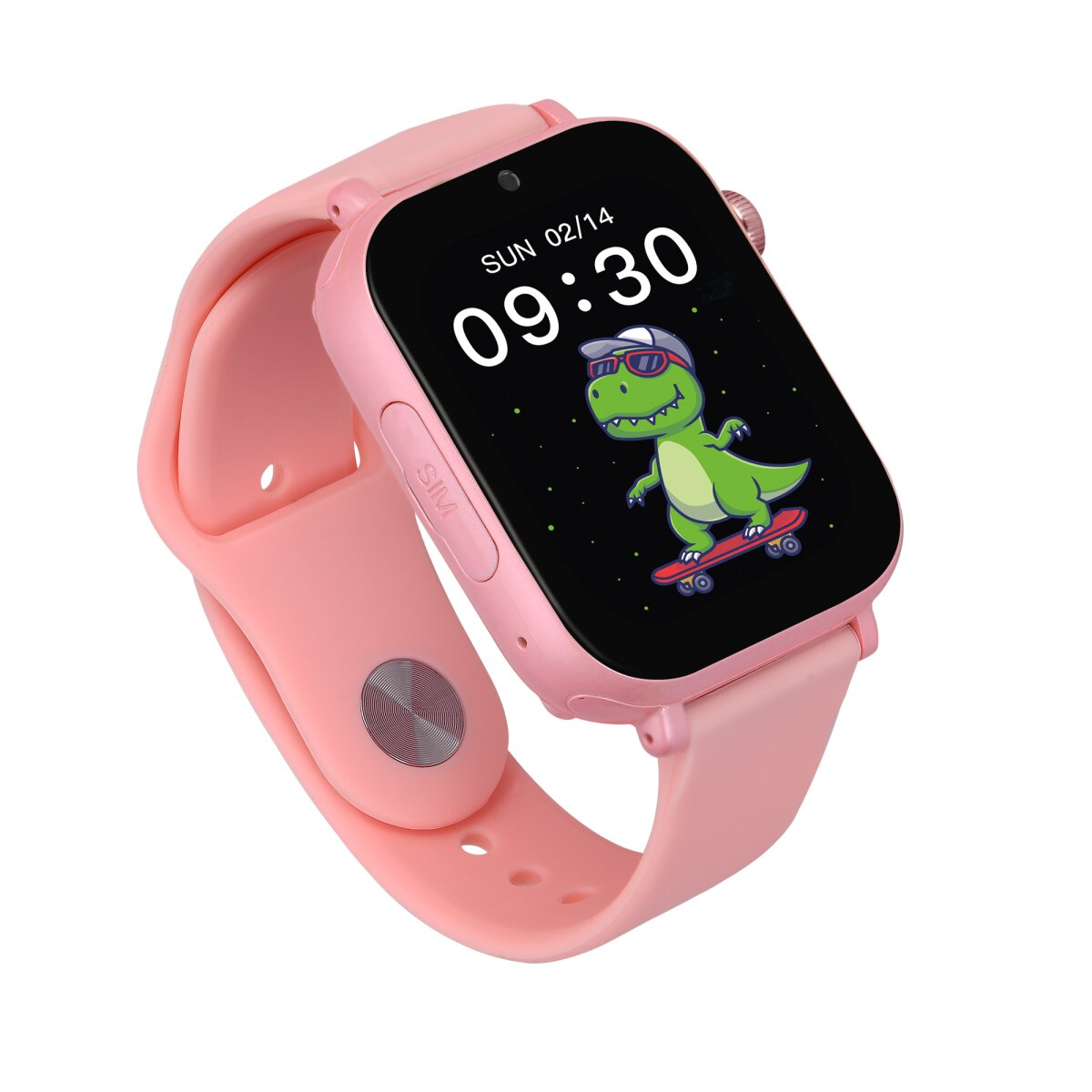 Rosa Smartwatch mit einem Dinosaurier, der auf dem Bildschirm skateboardet. Datum und Uhrzeit werden angezeigt.