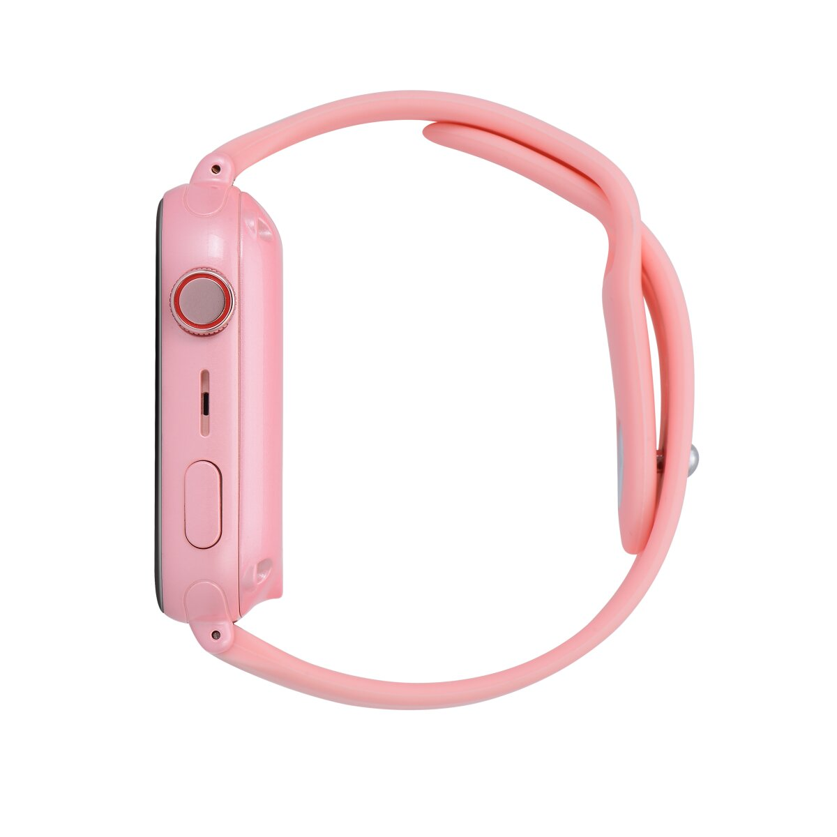 Pinke Smartwatch auf weißem Hintergrund. Seitenansicht zeigt Knöpfe und Bandbefestigung.