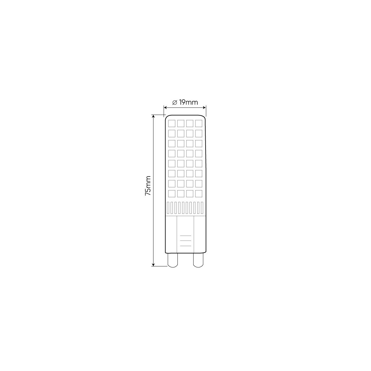 Eine schematische Zeichnung einer kleinen, rechteckigen, weißen LED-Glühbirne mit rechteckigem Sockel.