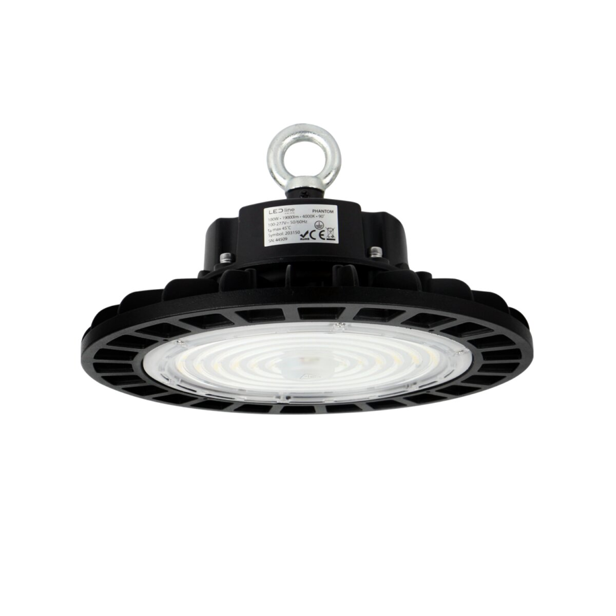 Lampada a campana a LED nera con design circolare, con anello di sospensione.