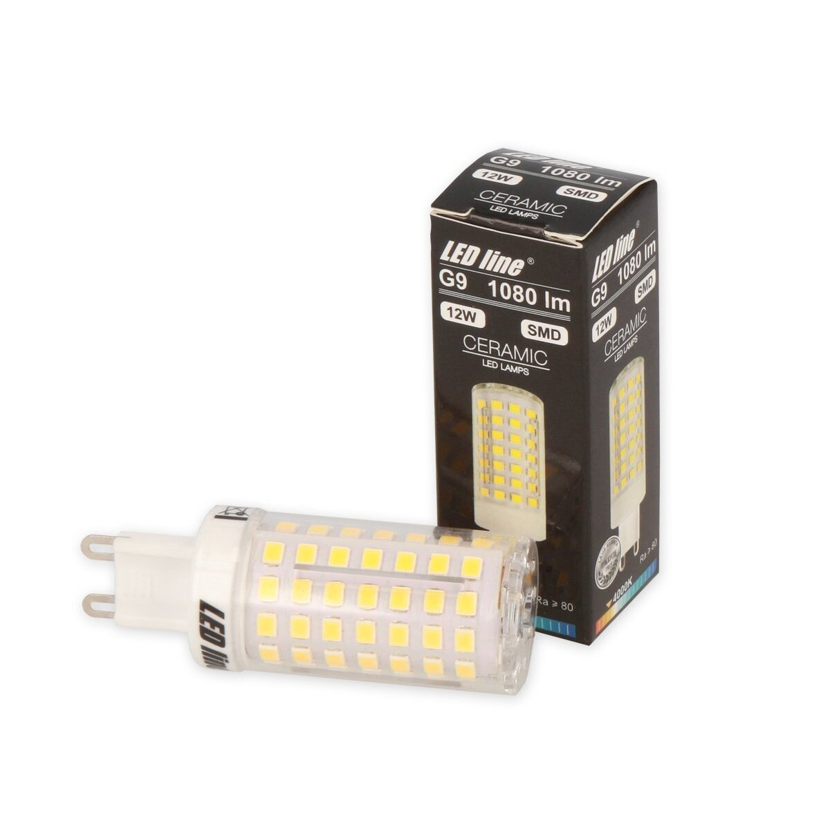 LED G9 Lampe und Karton. Lampe mit gelben Lichtern, Karton mit Produktdetails. Beides auf weißem Untergrund.