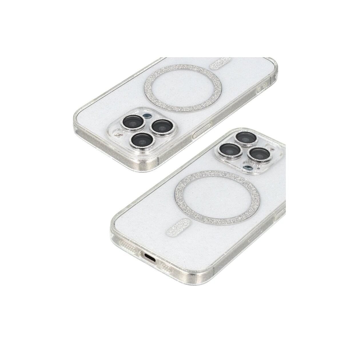 Due custodie per telefono con un design trasparente e un anello argentato.