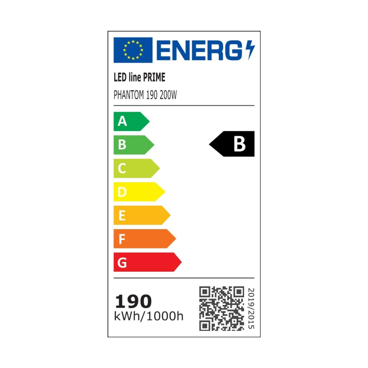 Etichetta energetica per una luce. Mostra una valutazione B, 190 kWh/1000h.
