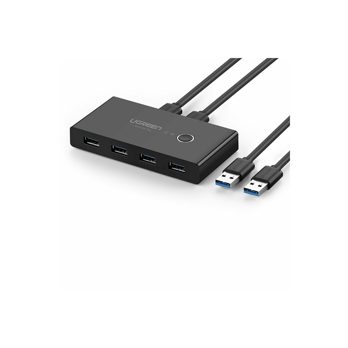 Czarny hub USB z trzema podłączonymi kablami i przyciskiem zasilania, białe tło.