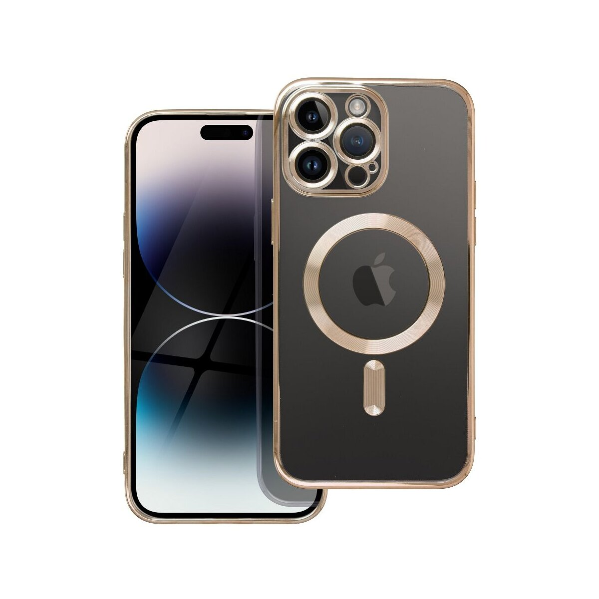 Handyhülle mit goldenem Ring und schwarzer Rückseite, mit Telefon links.