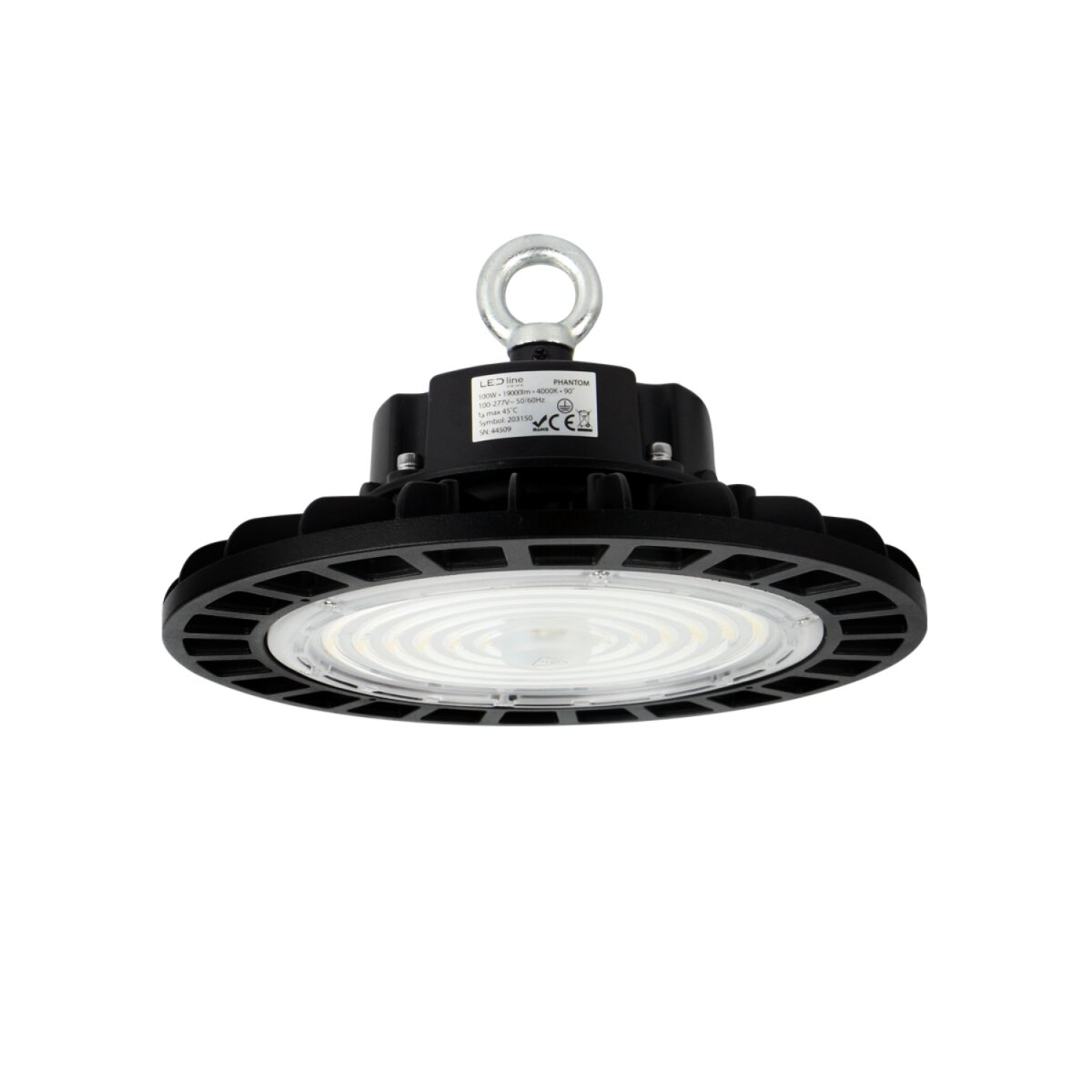 Apparecchio di illuminazione a LED nero con un anello di metallo per appenderlo.