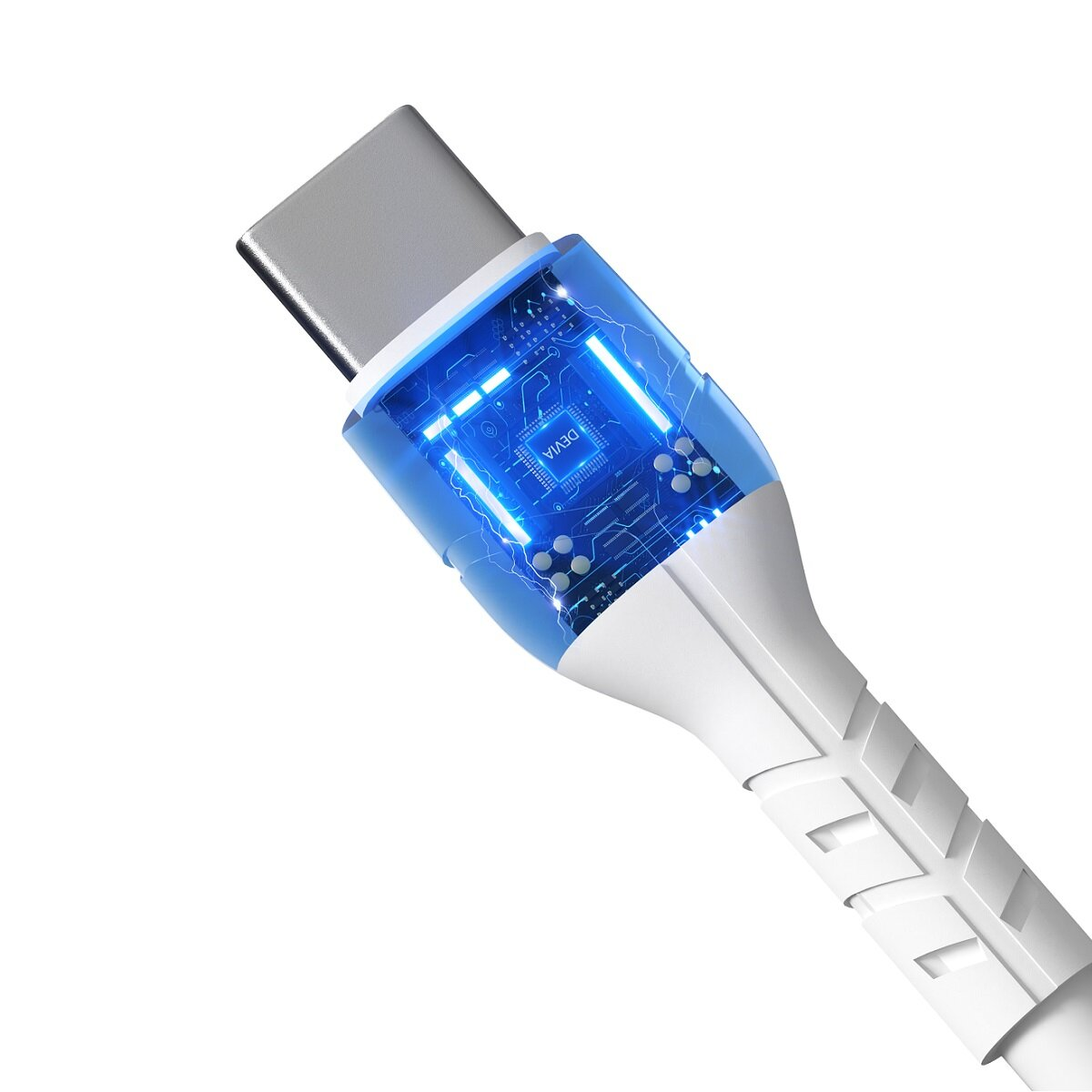 Weißes und blaues USB-C-Kabel mit beleuchtetem Stecker, der interne Schaltkreise zeigt.