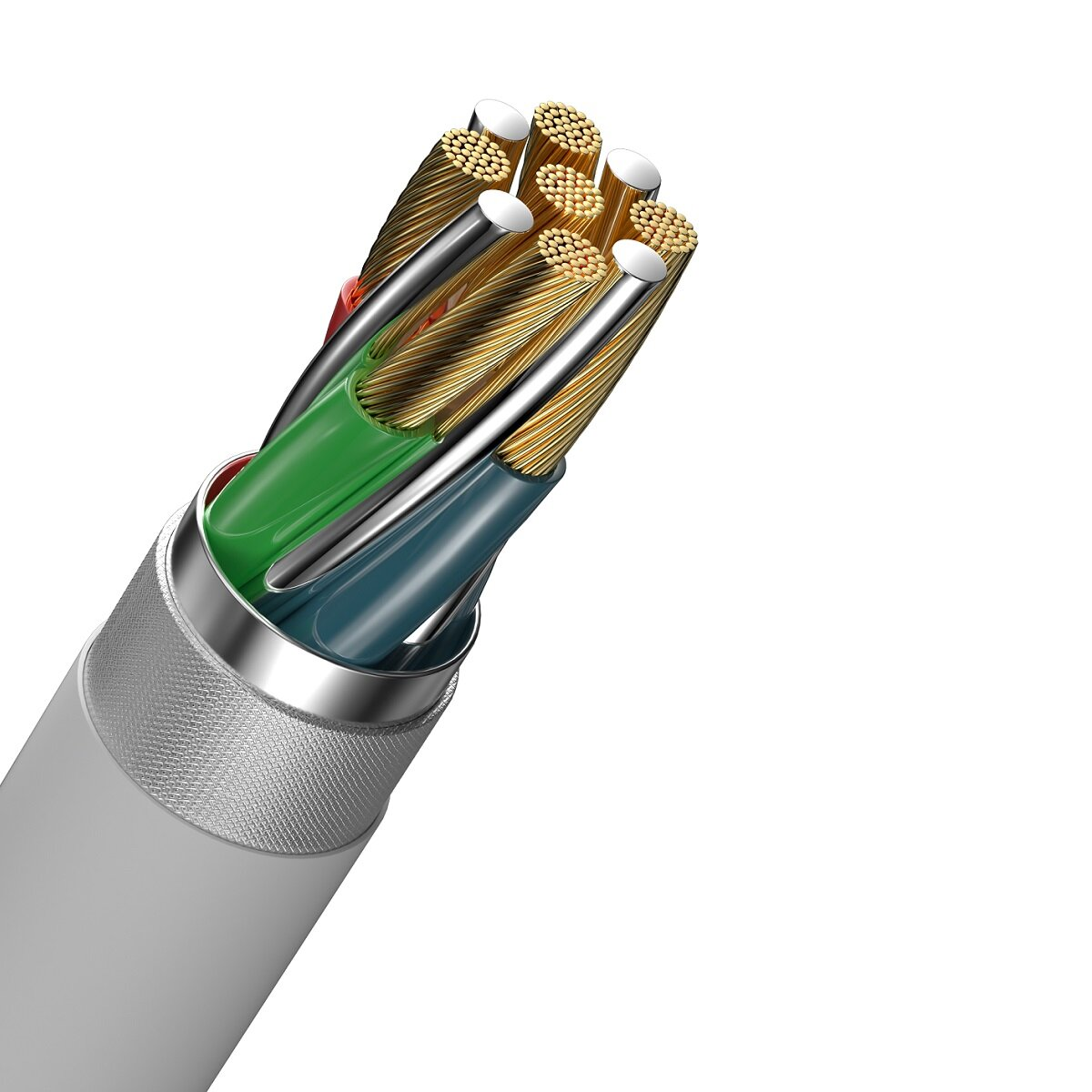 Nahaufnahme eines silbernen Kabels mit mehreren farbigen Drähten im Inneren. Das Kabel ist abgewinkelt.