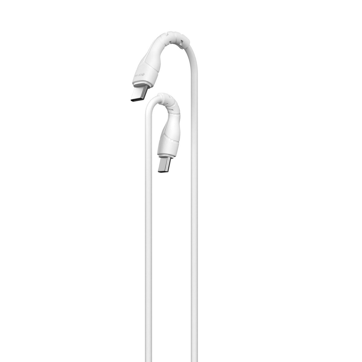 Zwei weiße USB-C-Kabel mit weißen Steckern, verbunden durch einen weißen Bogen.