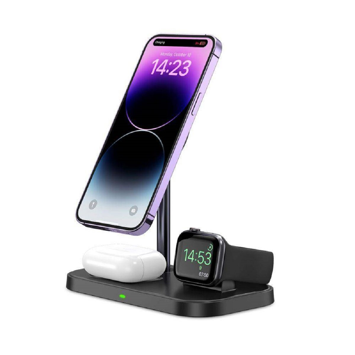Kabellose Ladestation mit Telefon, Uhr und Ohrhörern. Telefon zeigt Uhrzeit. Alles ist schwarz und weiß.