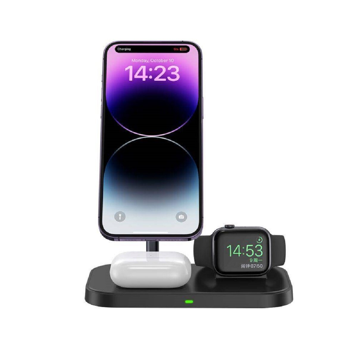 Ein Telefon auf einem Ladeständer, eine Uhr und eine Ohrhörerhülle werden auf einer schwarzen Oberfläche angezeigt.