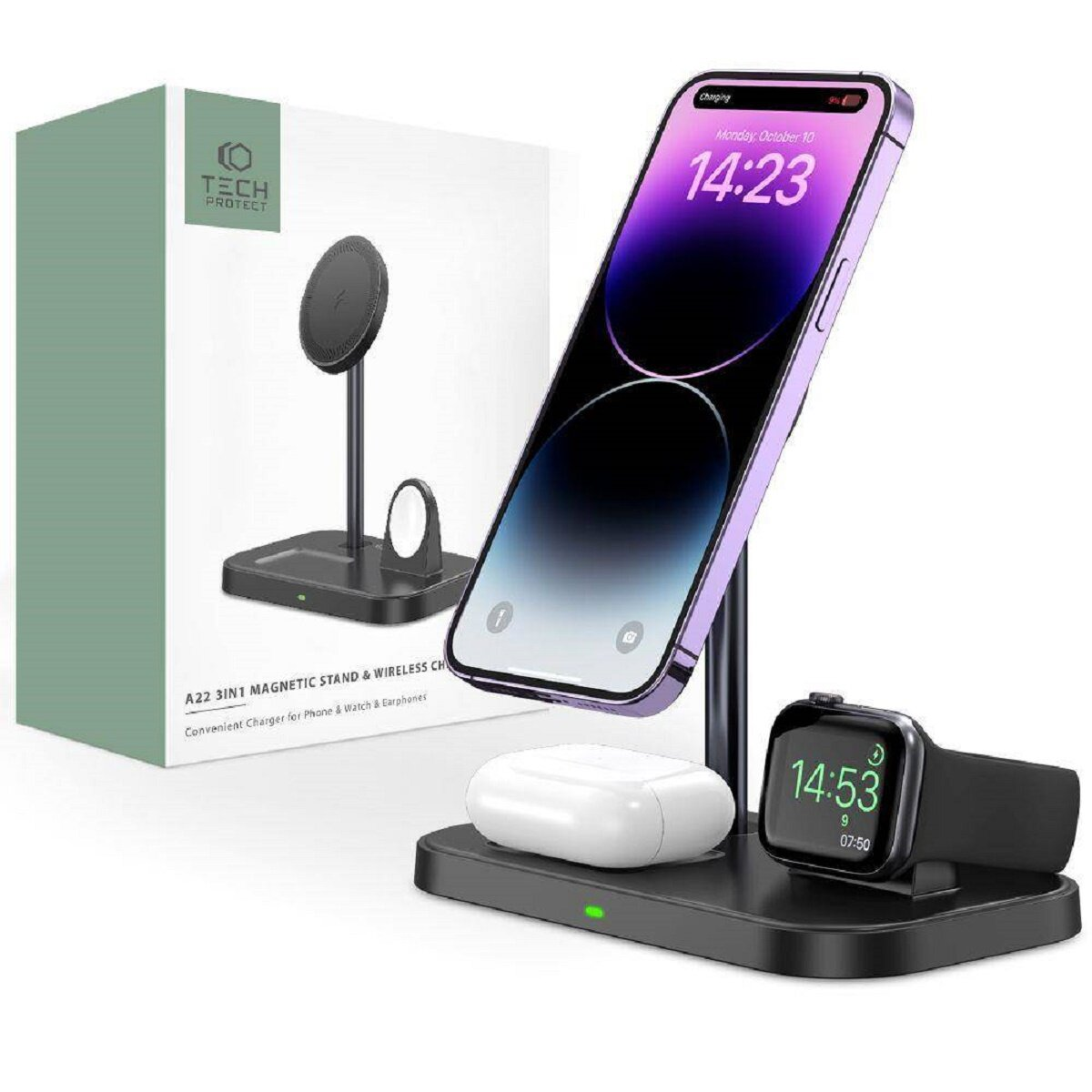 Ein 3-in-1 kabelloser Ladeständer mit Telefon, Uhr und Ohrhörern. Der Ladeständer ist schwarz.