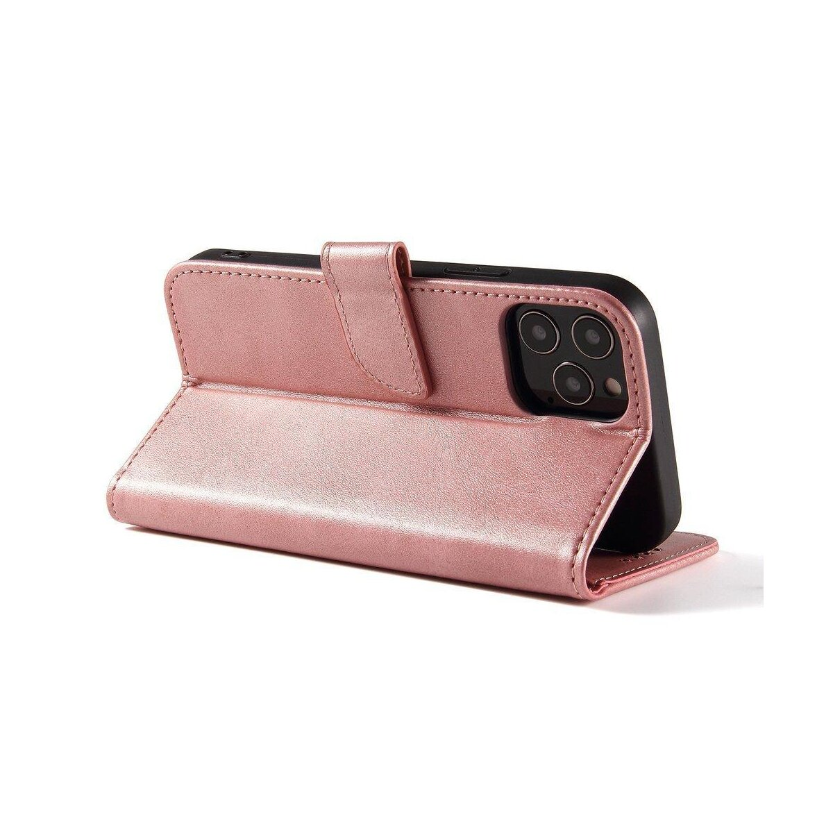 Eine rosa Handyhülle mit einem Telefon darin. Die Hülle ist geöffnet und aufgestellt.