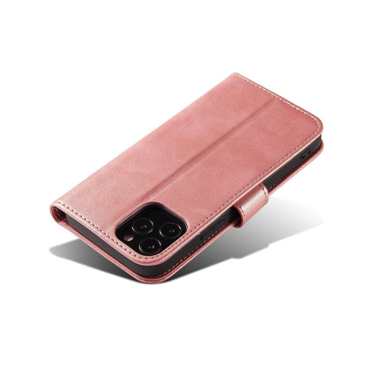 Rosa Leder-Handyhülle mit Abdeckung, die mit einem Magnetband verschlossen wird.