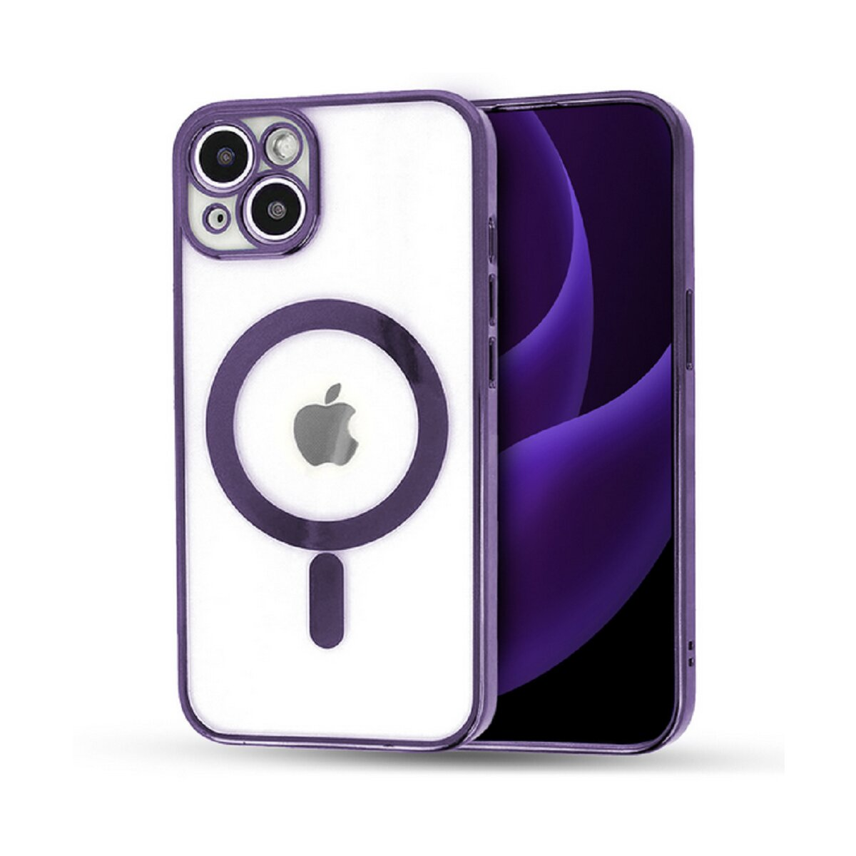 Klare Handyhülle mit lila Rand. iPhone innen. Apple-Logo in der Mitte.