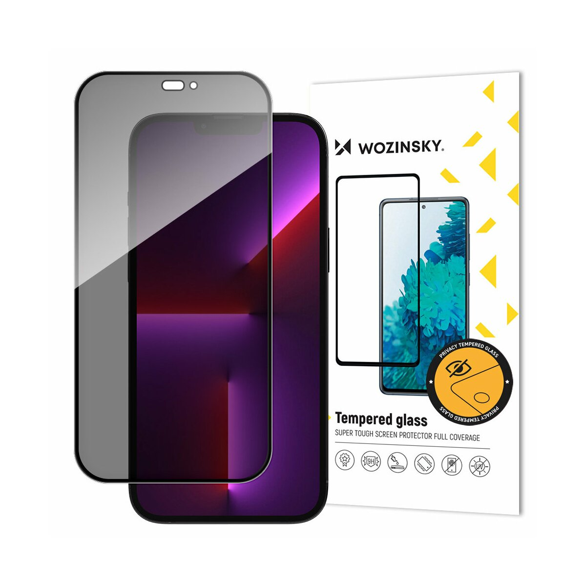 Zwei Displayschutzfolien und eine Box, eine ist auf dem Telefon auf weißem Hintergrund installiert.