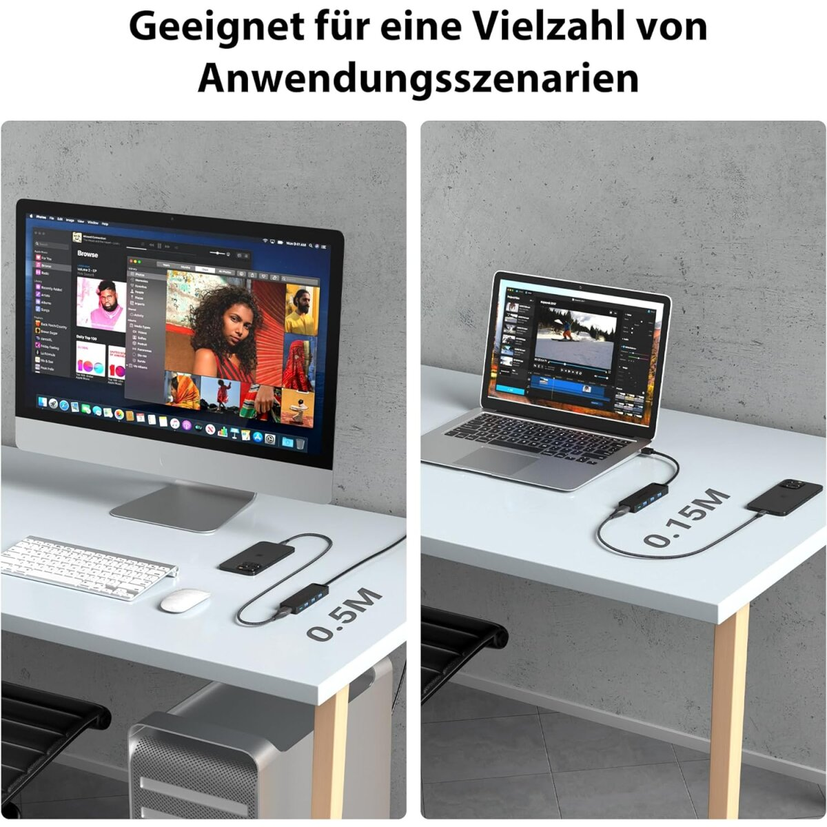 Zwei Bilder von Arbeitsplätzen mit Monitoren, Laptops und Zubehör auf weißen Schreibtischen.