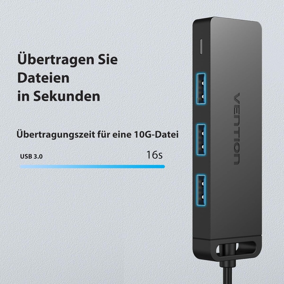 Schwarzer USB-Hub mit 3 Anschlüssen. Text: Übertragen Sie Dateien in Sekunden und 16s.