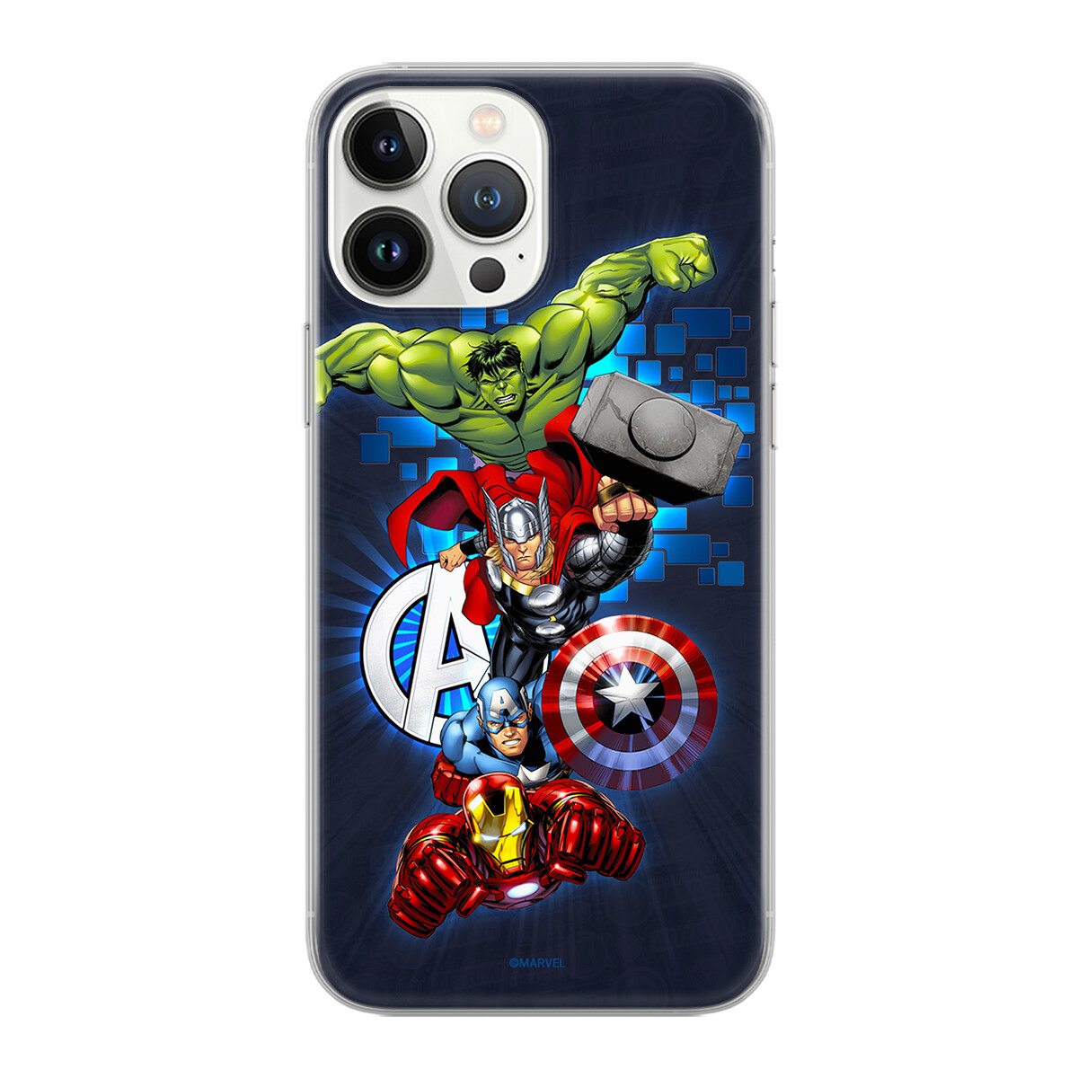 Handyhülle mit Avengers-Charakteren: Hulk, Thor, Captain America und Iron Man. Der Hintergrund hat blaue Quadrate.