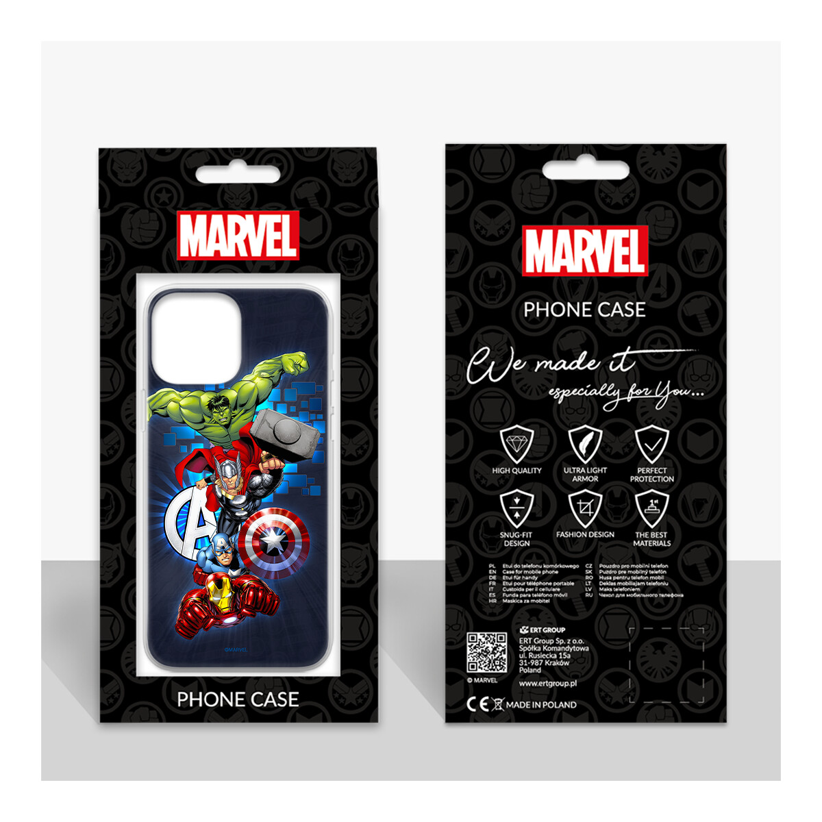 Eine Handyhülle mit Marvel-Charakteren, den Worten "PHONE CASE" und Marvel-Logo.