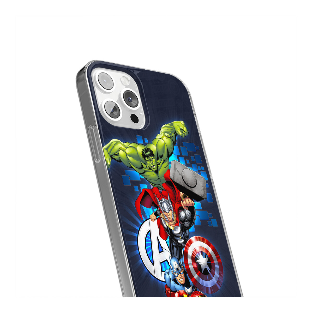 Eine Handyhülle mit Marvel-Charakteren: Hulk, Thor, Captain America und Iron Man.