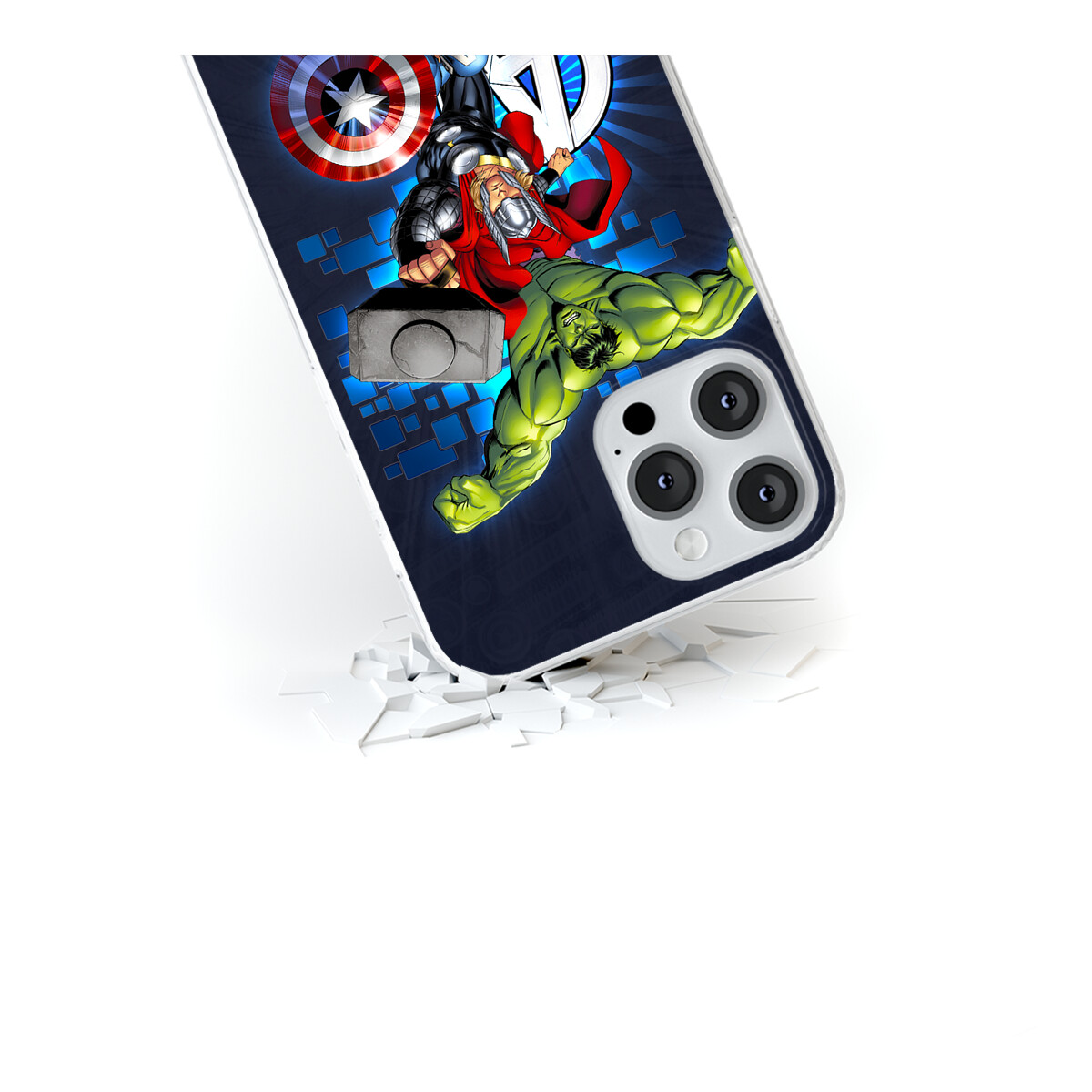 Handyhülle mit Avengers-Charakteren Thor, Hulk und Captain America.